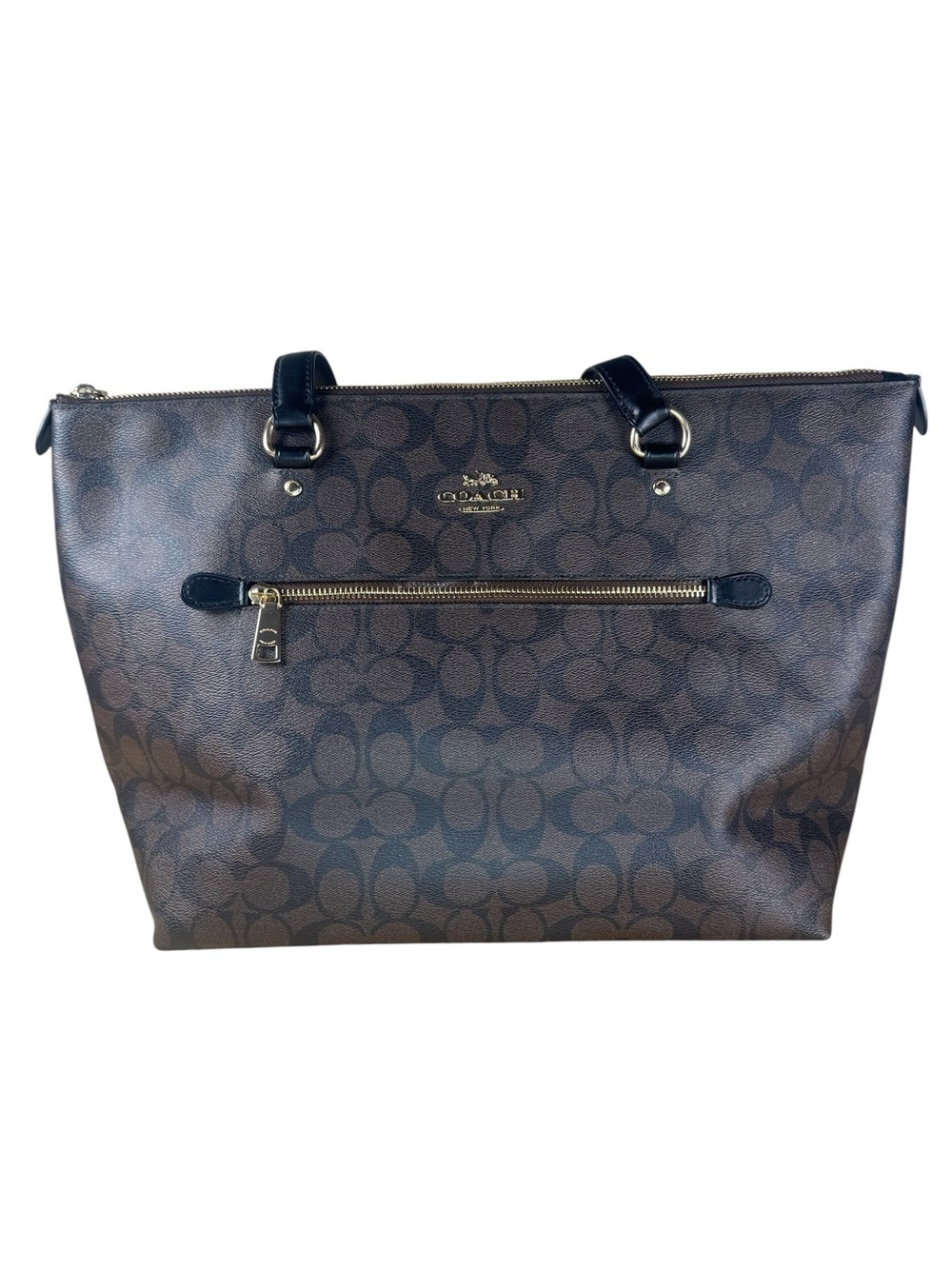 Coach F79609 Gallery Tote Bag Signature Canvas Brown Black Zip Shoulder Purse